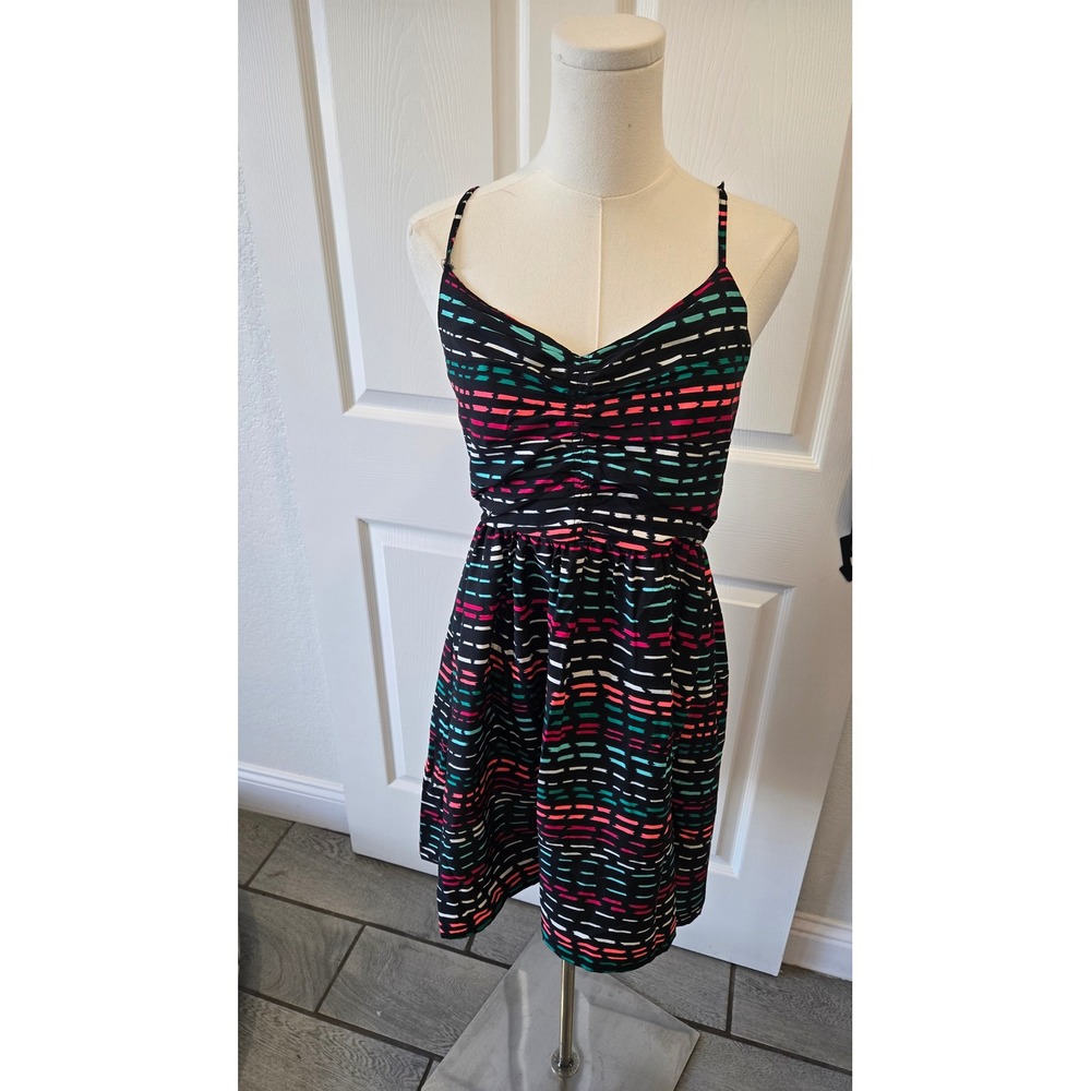 Roxy Multicolor Brushstroke Strappy Sun‎ Dress Black Large